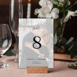 Tarjeta De Mesa Boda de fotografía personalizado minimalista moder<br><div class="desc">Guión de caligrafía de clase simple moda de texto en blanco y negro superponer nombres de novias y novios y número de tabla boda personalizado de foto. Por favor, tenga en cuenta que para ordenar números diferentes necesita personalizares y ponerlos en el carro de la compra uno por uno (una...</div>