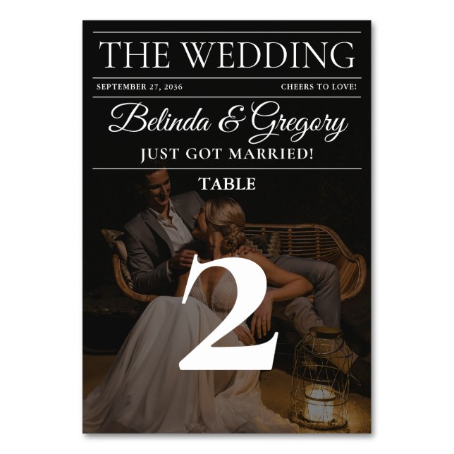 Tarjeta De Mesa Boda de fotos de periódico editorial de revista (Anverso)