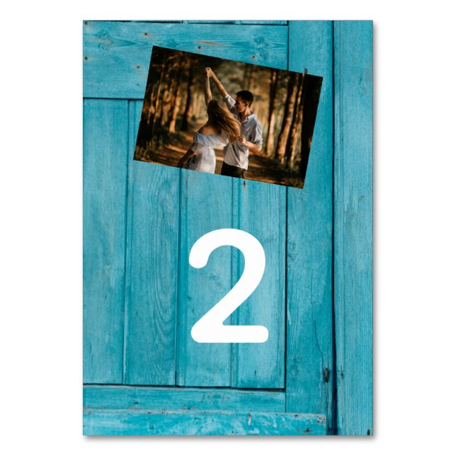 Tarjeta De Mesa Boda de Fotos Rustic Blue Wood 2 (Anverso)