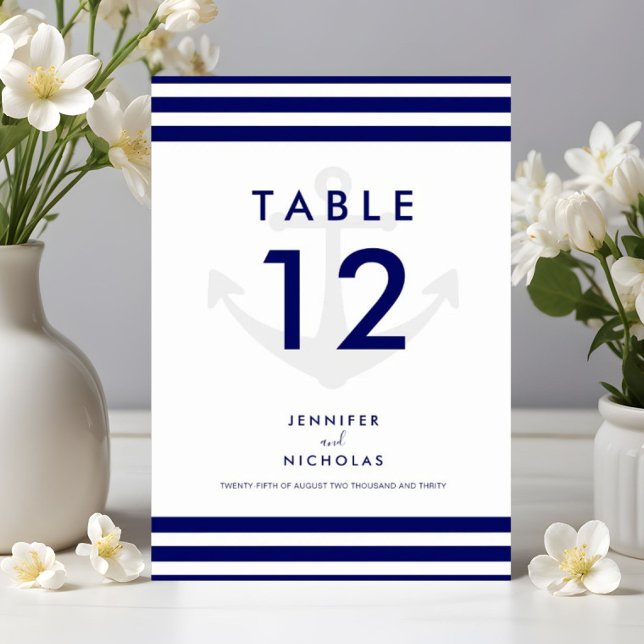 Tarjeta De Mesa Boda de franjas azules de anclaje náutico moderno (Modern Nautical Anchor Blue Stripes Wedding Table Number)