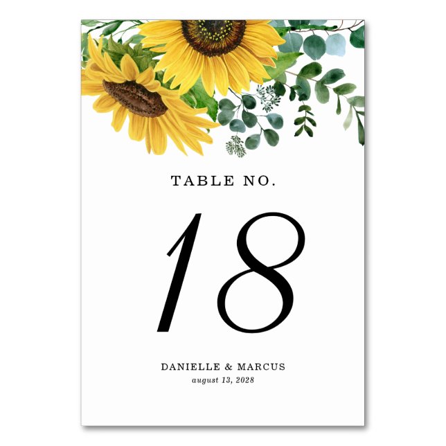 Tarjeta De Mesa Boda de girasoles acuarelas y eucalipto (Anverso)