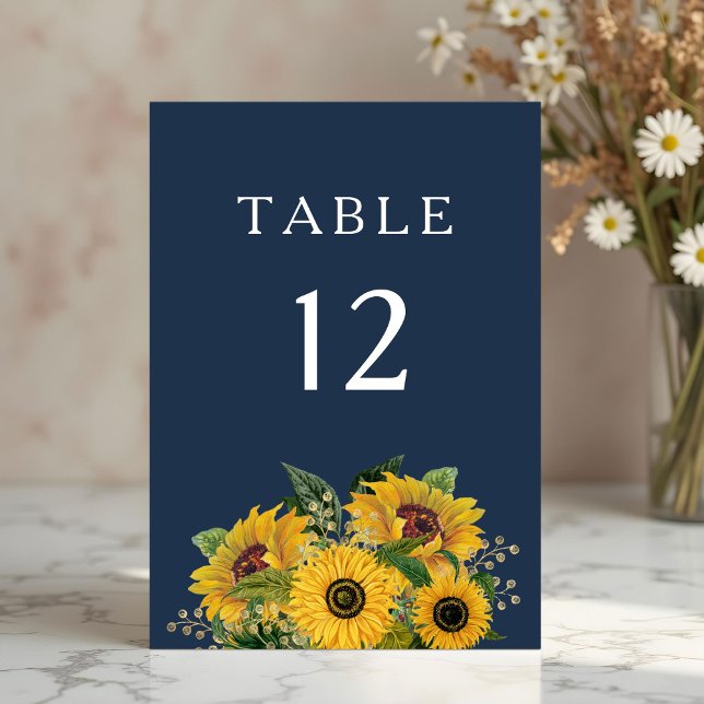 Tarjeta De Mesa Boda de girasoles azules elegantes de navy  (Elegant Navy Blue Sunflowers Wedding Table Number)