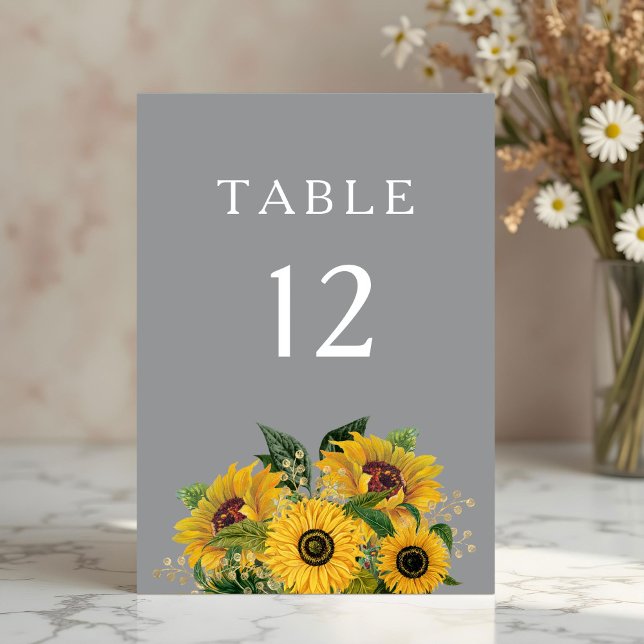 Tarjeta De Mesa Boda de girasoles grises elegantes  (Elegant Gray Sunflowers Wedding Table Number)