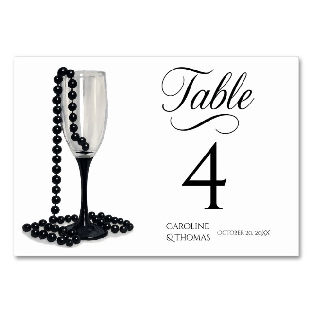Tarjeta De Mesa Boda de Glass Black & White Pearl Champagne (Anverso)