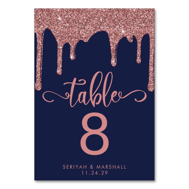 Tarjeta De Mesa Boda de Glitter Azul Marino Rosa Dorado (Anverso)