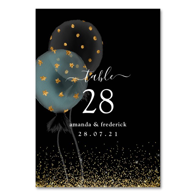 Tarjeta De Mesa Boda de globos Purpurina negro y dorado (Anverso)