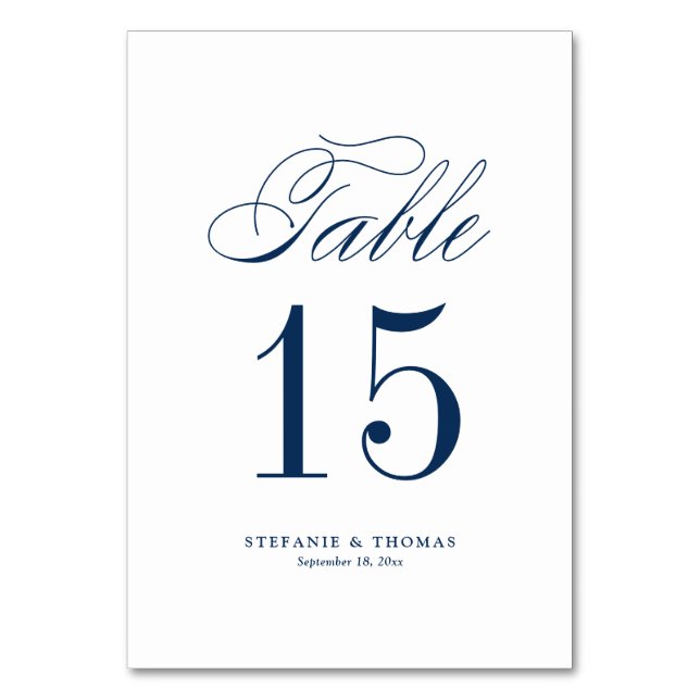 Tarjeta De Mesa Boda de guiones clásicos de Navy Blue Elegant (Anverso)