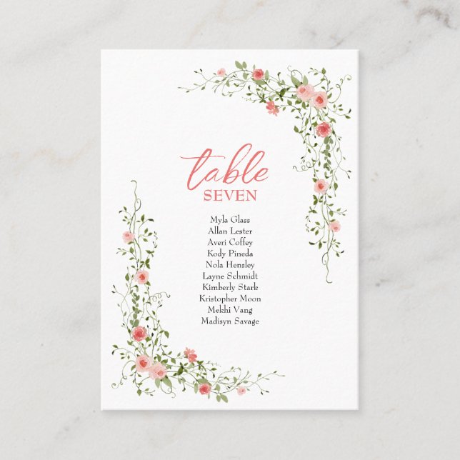 Tarjeta De Mesa Boda de guiones de rosas rosa elegantes botánicas (Anverso)