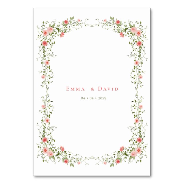 Tarjeta De Mesa Boda de guiones de rosas rosa elegantes botánicas (Reverso)