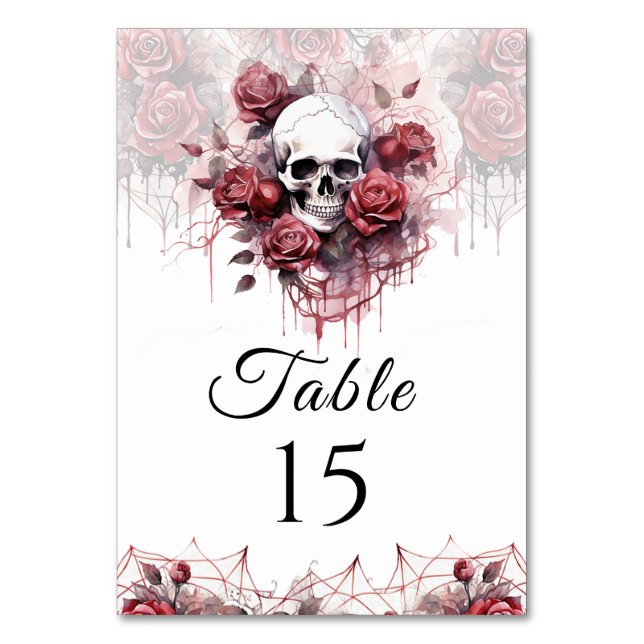 Tarjeta De Mesa Boda de Halloween con cráneo floral gótico Número  (Anverso)