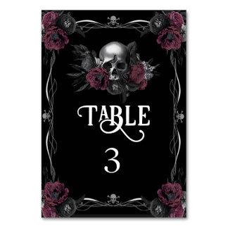 Tarjeta De Mesa Boda de Halloween Floral Burgundy Gótico Cráneo