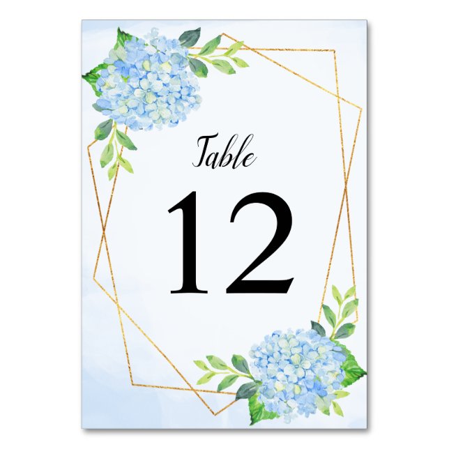 Tarjeta De Mesa Boda de hidrangea azul geométrico moderno (Anverso)