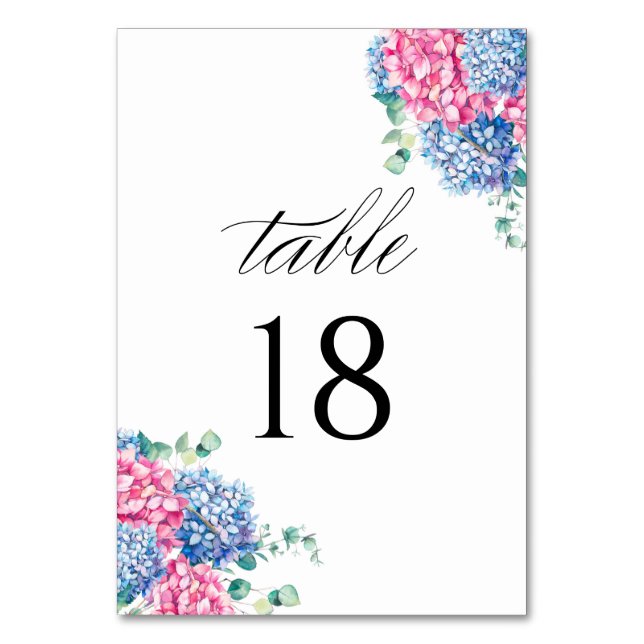 Tarjeta De Mesa Boda de hidrangea rosa y azul acuarela (Anverso)
