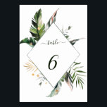 Tarjeta De Mesa Boda de hojas de acuarela tropical<br><div class="desc">Esta tarjeta boda con número de tabla cuenta con foliage tropical color agua verde,  hojas de palmera,  hojas de plátano con acentos de hojas de oro falsas. Es perfecto para una boda de playa o destino. Se puede cambiar el color de fondo. >>> Vea toda la colección >> https://www.zazzle.com/collections/tropical_foliage_green_collection-119021829937676776</div>