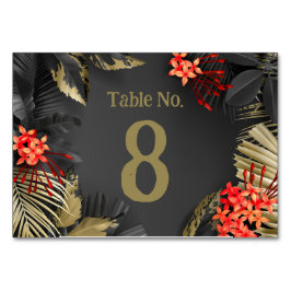 Tarjeta De Mesa Boda de hojas de oro y negro tropical