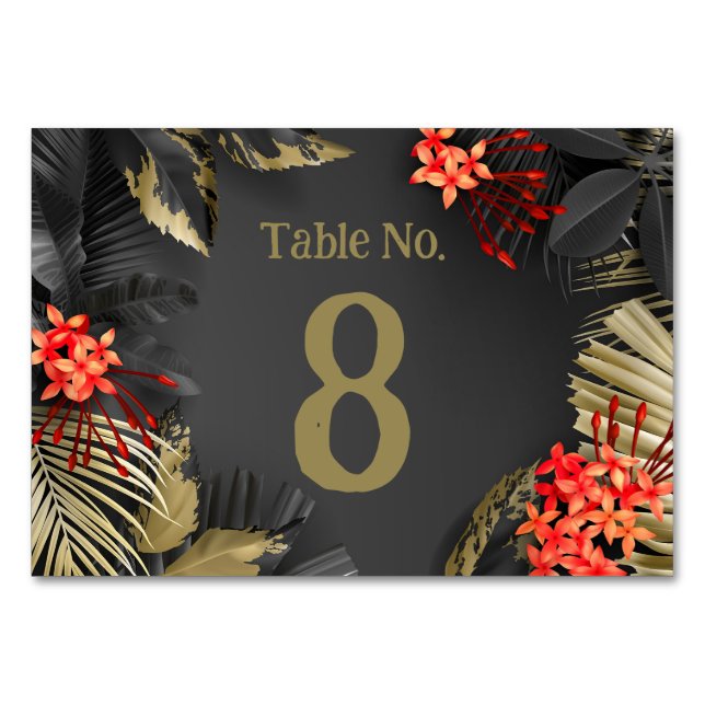 Tarjeta De Mesa Boda de hojas de oro y negro tropical (Anverso)