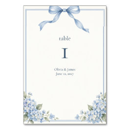 Tarjeta De Mesa Boda de Hortensia con Lazo Azul Polvoriento
