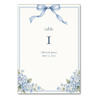 Tarjeta De Mesa Boda de Hortensia con Lazo Azul Polvoriento