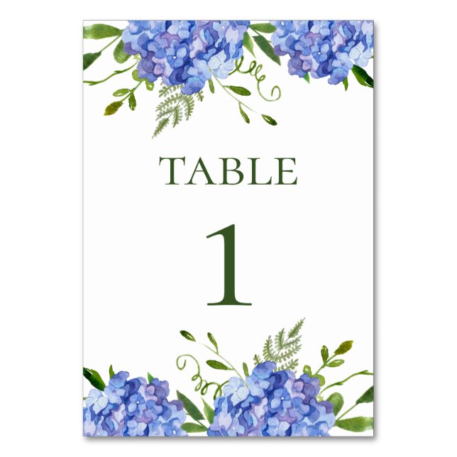 Tarjeta De Mesa Boda de Hortensias Azules (Anverso)