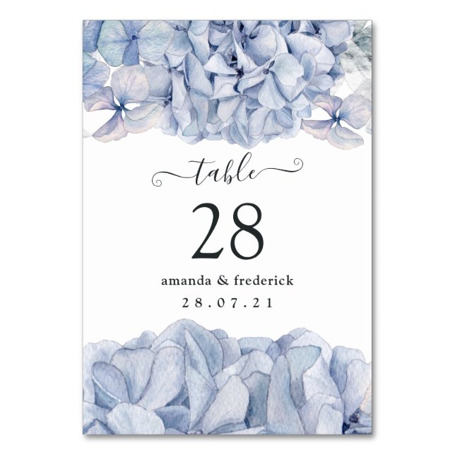 Tarjeta De Mesa Boda de Hortensias Azules (Anverso)