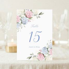 Tarjeta De Mesa Boda de Hortensias Elegantes Florales Rosa y Azul 