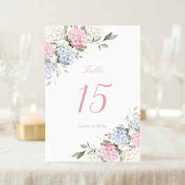 Tarjeta De Mesa Boda de Hortensias Elegantes Florales Rosa y Azul 