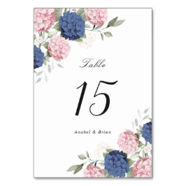 Tarjeta De Mesa Boda de Hydrangea Rosa y Azul Marino Floral Elegan