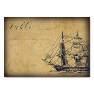 Tarjeta De Mesa Boda de Ilustracion de Barco de Mapa de Vintage Ná