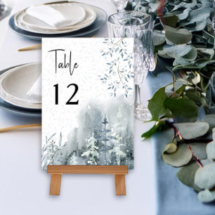 Tarjeta De Mesa Boda de Invierno Acuarela Bosque de Nieve Editable