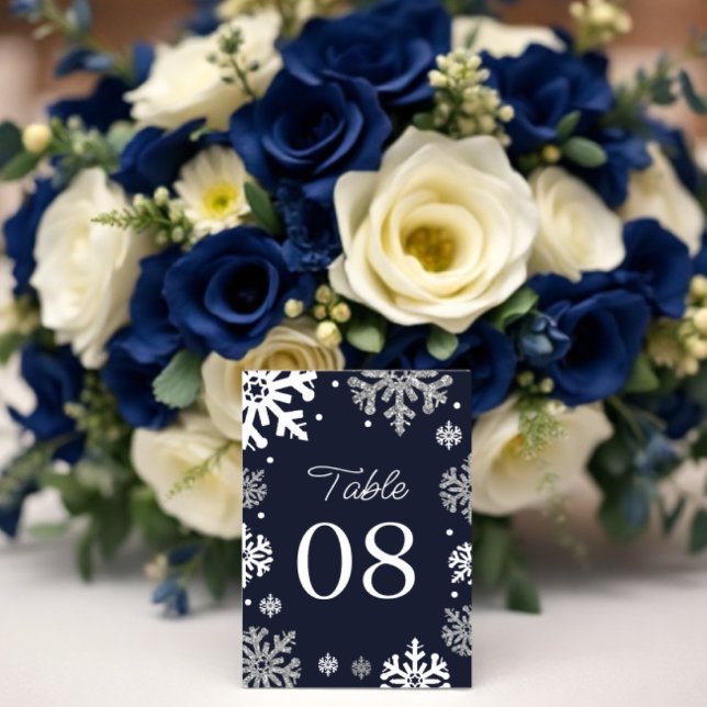 Tarjeta De Mesa Boda de invierno con copas de nieve azul de la mar (Subido por el creador)