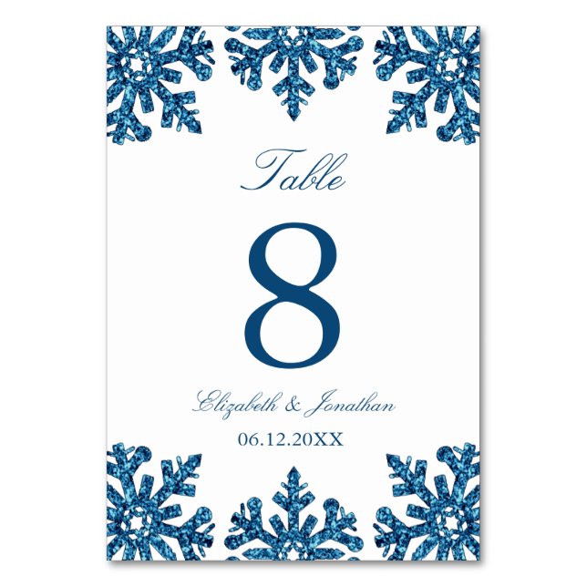 Tarjeta De Mesa Boda de invierno con copo de nieve azul (Anverso)