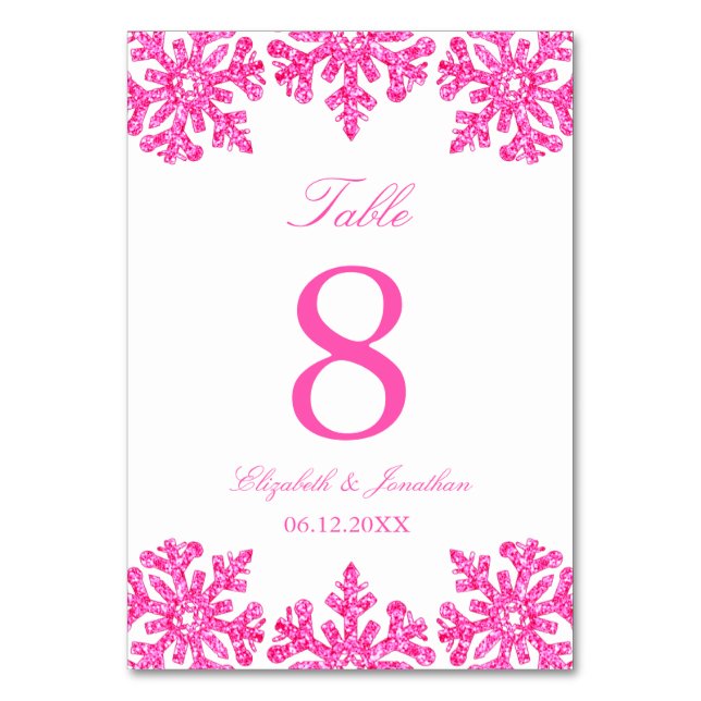 Tarjeta De Mesa Boda de invierno con copo de nieve rosa (Anverso)