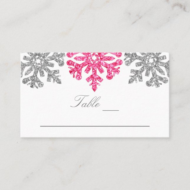 Tarjeta De Mesa Boda de invierno con copos de nieve rosados platea (Anverso)