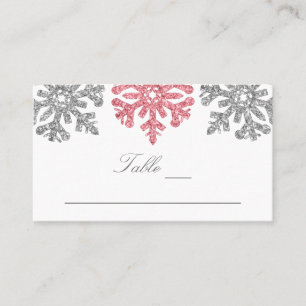 Tarjeta De Mesa Boda de invierno con copos de nieve rosados platea