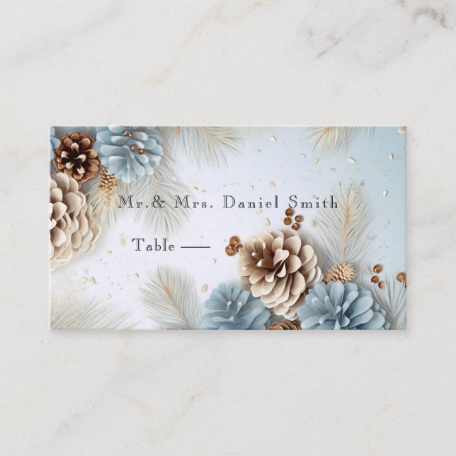 Tarjeta De Mesa Boda de invierno Conos de pino azul marrón blanco (Anverso)