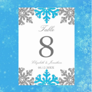 Tarjeta De Mesa Boda de invierno de copo de nieve azul plateado