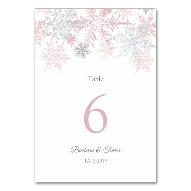 Tarjeta De Mesa Boda de invierno de hojaldre rosa y plateado con p (Anverso)