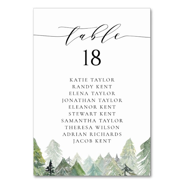 Tarjeta De Mesa Boda de Invierno de la Selva Nevada Evergreen (Anverso)