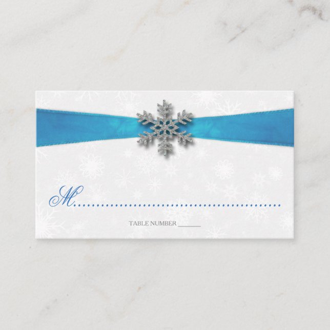 Tarjeta De Mesa Boda de Invierno Diamante Snowflake & Blue Ribbon (Anverso)