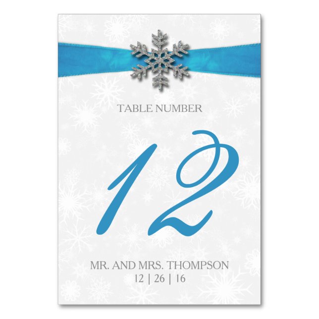 Tarjeta De Mesa Boda de Invierno Diamante Snowflake & Blue Ribbon (Anverso)