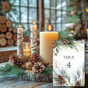 Tarjeta De Mesa Boda de invierno piñas ramas de pino nieve