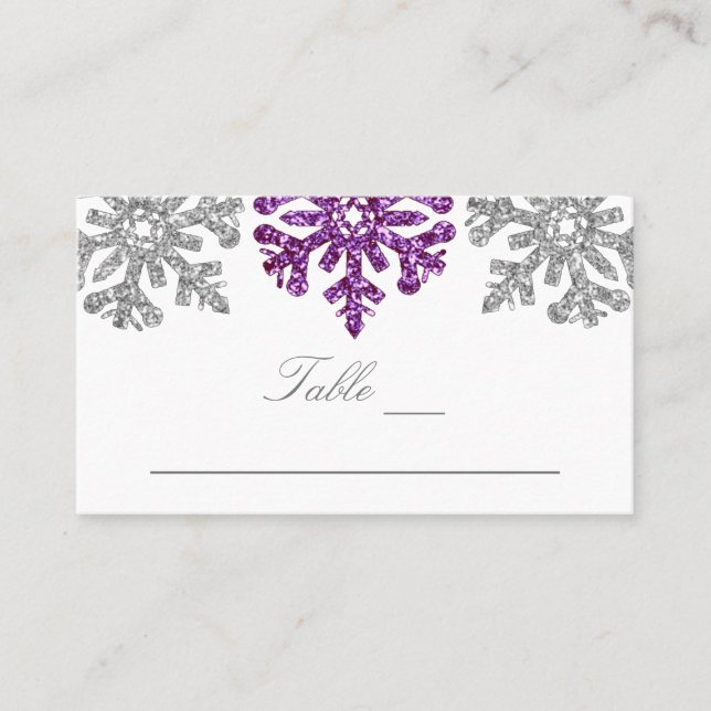 Tarjeta De Mesa Boda de Invierno Plateada Morada de Nieve (Anverso)