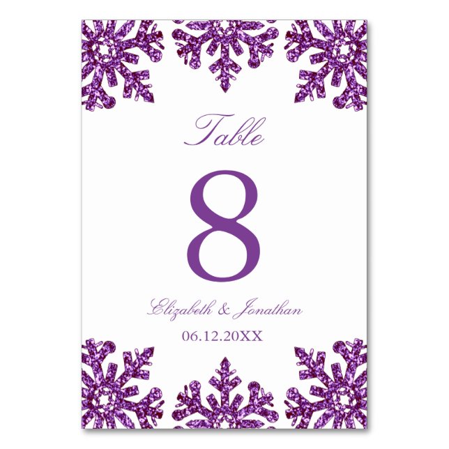 Tarjeta De Mesa Boda de invierno Purple Snowflake (Anverso)