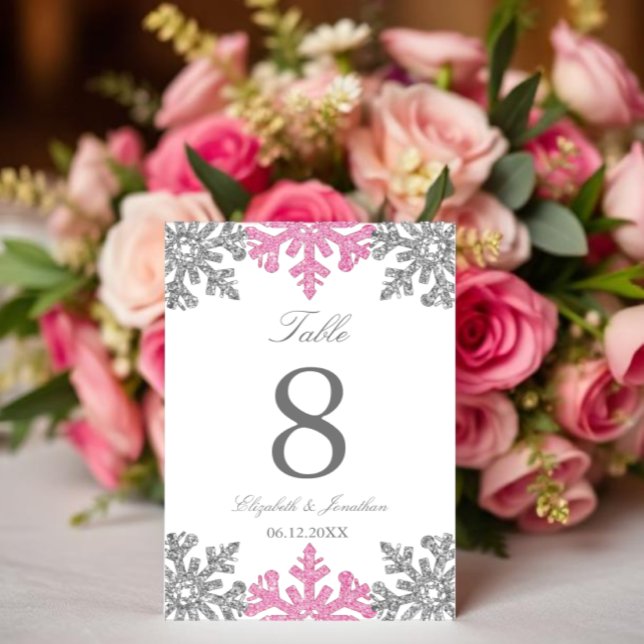 Tarjeta De Mesa Boda de invierno rosada con copo de nieve (Subido por el creador)