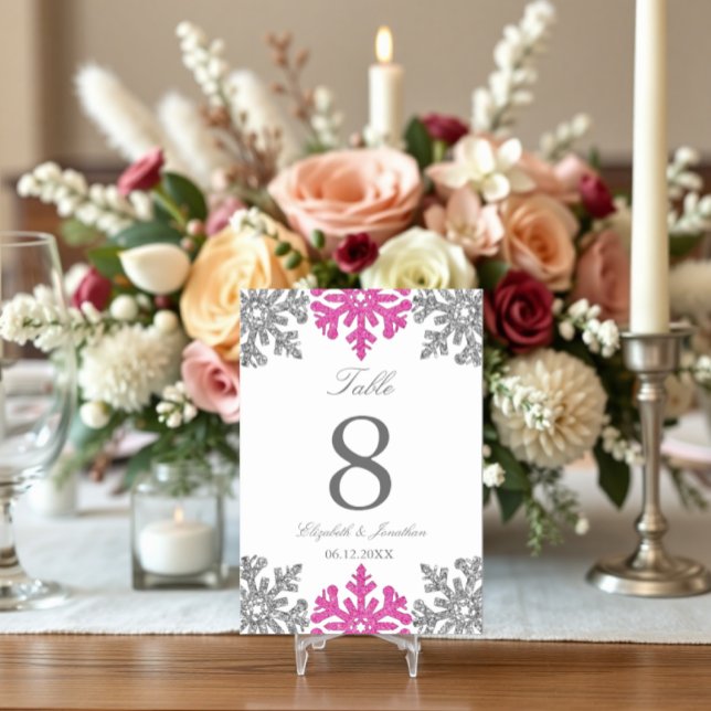 Tarjeta De Mesa Boda de invierno rosada con copo de nieve (Subido por el creador)