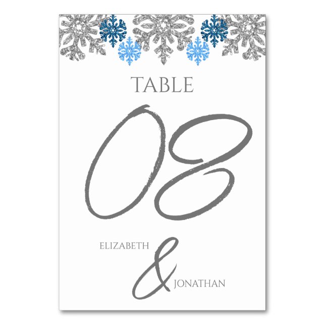 Tarjeta De Mesa Boda de Invierno Silver Blue Snowflakes (Anverso)