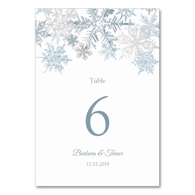 Tarjeta De Mesa Boda de Invierno Silver Blue Snowflakes (Anverso)