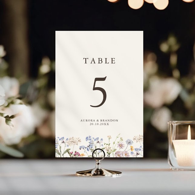 Tarjeta De Mesa Boda de jardín de flores silvestres de primavera c (Colorful Spring Wildflower Meadow Garden Wedding Table Number)