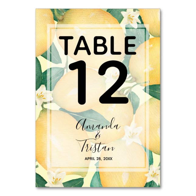 Tarjeta De Mesa Boda de la acuarela de los lemones y la vegetación (Anverso)