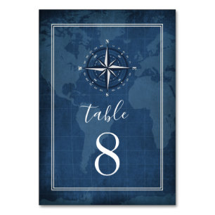 Tarjeta De Mesa Boda de la brújula azul y blanca de la Marina Náut
